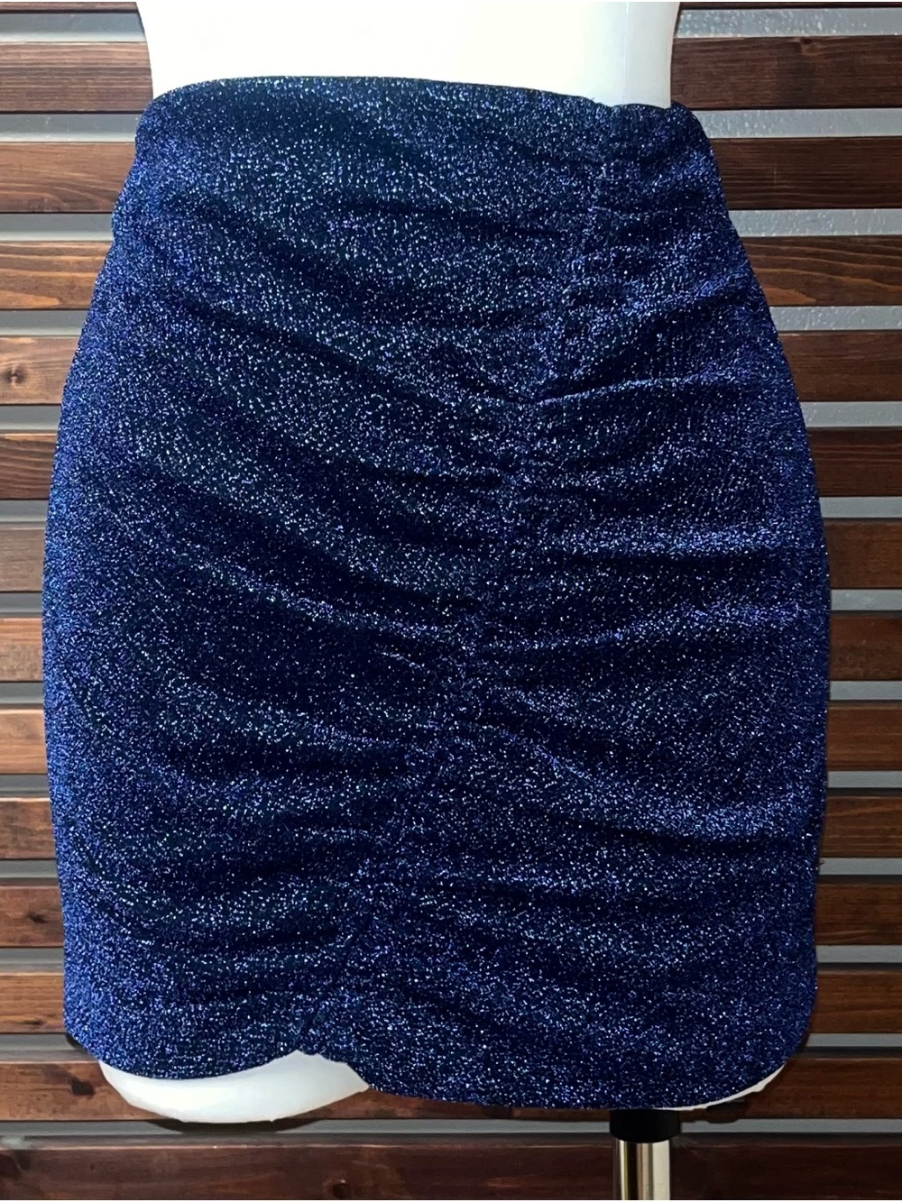 NWT Zara Sparkly Navy Blue Ruched High Waist Stretch Mini Club Party Skirt - S